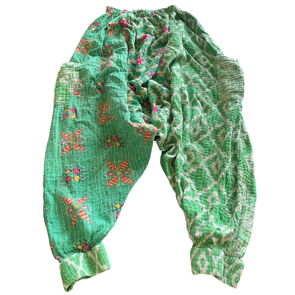 Kantha Bae Harem Pants Free Size Green Mixed Print Quilt Boh Joggers Hippie